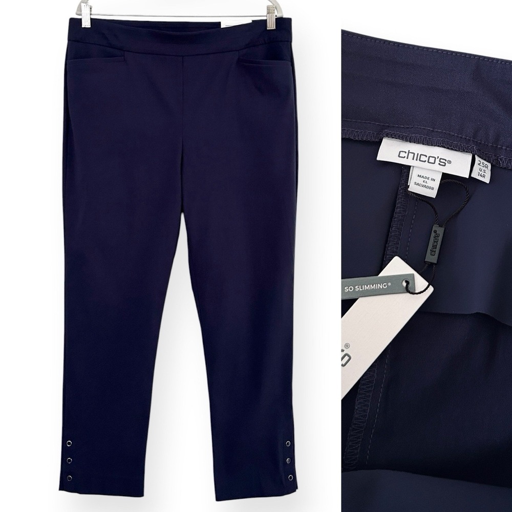 Chico's Women's 2.5 Blue Large 360 Bridgitte So Slimming Ankle Rivet Pant 14 NWT